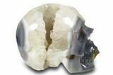 Realistic Polished Banded Agate Skull with Quartz Crystal Pocket #378636-1